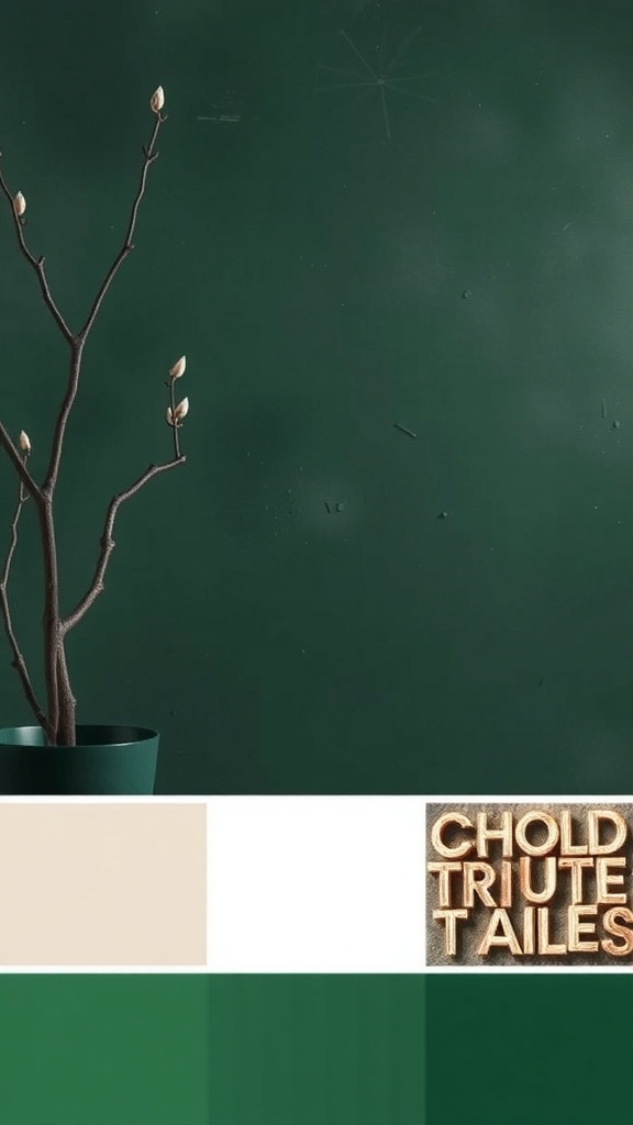 Color palette showcasing moody green with beige and darker green shades, featuring a minimalist branch decor.