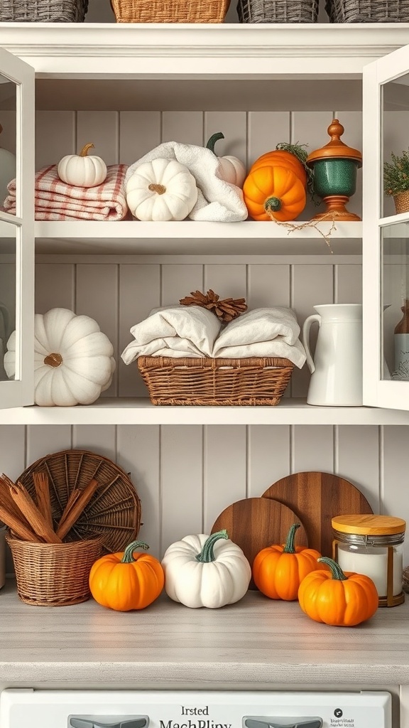 Open shelving displaying Pumpkin Bows Cotton Towels with decorative pumpkins and kitchen items.