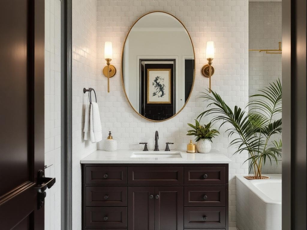 A stylish bathroom featuring dark cabinetry, gold accents, and plants for a fresh look.