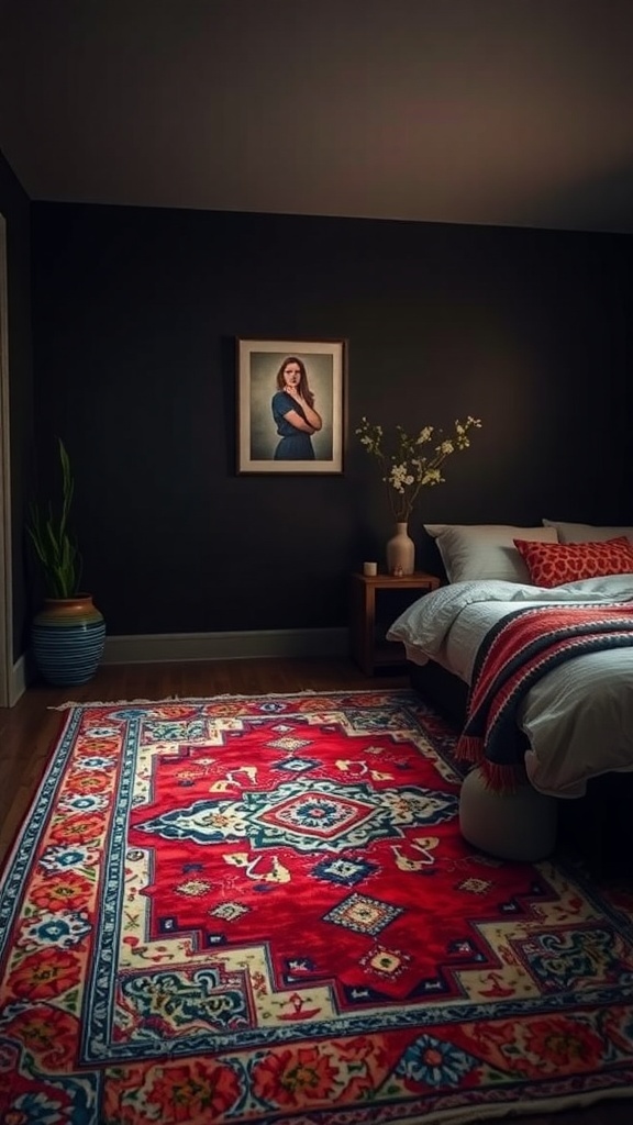 A dark feminine bedroom featuring a vibrant red patterned accent rug, dark walls, and soft bedding.