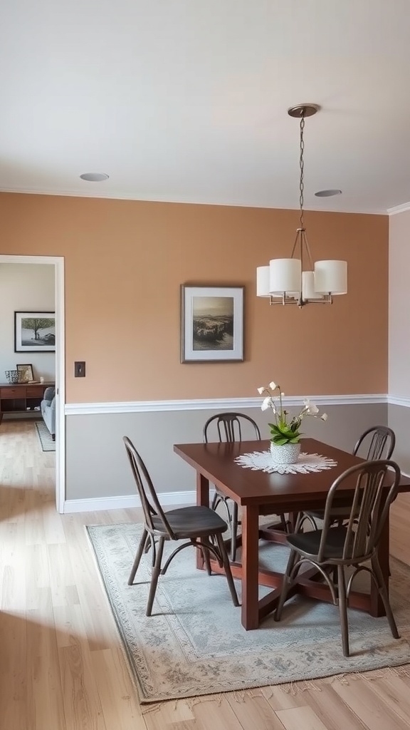 A dining area with an accent wall in warm tones, featuring a wooden table and chairs.