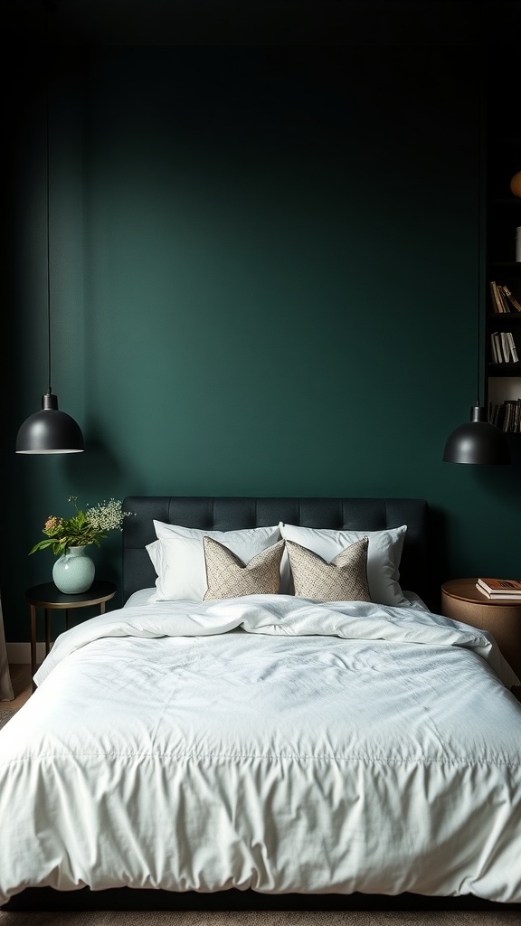 A stylish bedroom featuring a dark green accent wall, a modern bed with white bedding, and pendant lighting.