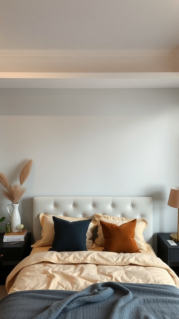 A cozy bedroom with a light-colored accent wall, featuring a neatly made bed with decorative pillows and a stylish lamp.