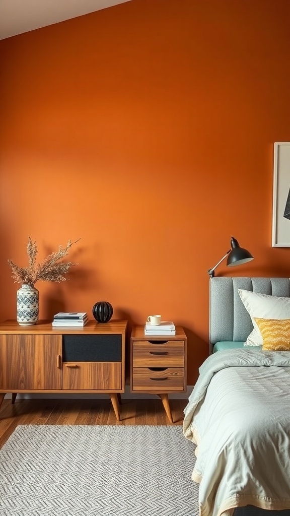 A mid-century modern bedroom featuring an orange accent wall, wooden furniture, and soft bedding.