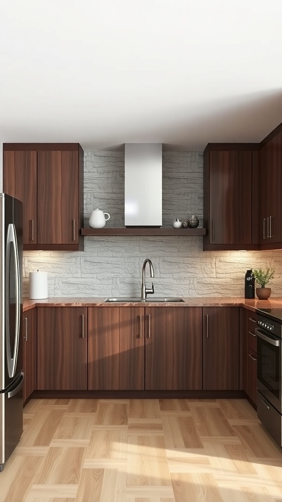 A modern kitchen featuring brown cabinets and a textured stone accent wall.