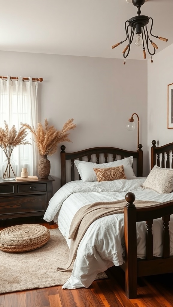 A cozy dark feminine bedroom featuring wooden furniture, a round woven rug, and dried pampas grass in a vase.