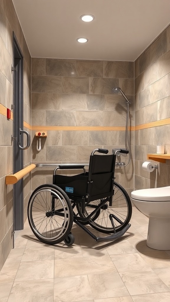 A spacious bathroom designed for accessibility, featuring a wheelchair, grab bars, and a step-free shower area.