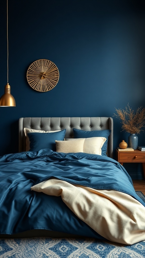 A navy blue bedroom featuring a cozy bed with layered bedding, a round wall clock, and a stylish nightstand.