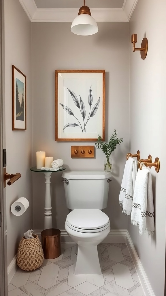A stylish powder room featuring a framed botanical print, elegant light fixture, gold accents, and decorative accessories.