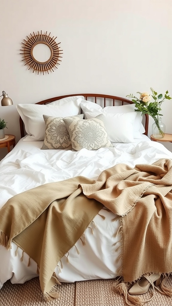A beautifully arranged bed with decorative pillows and a light throw blanket.