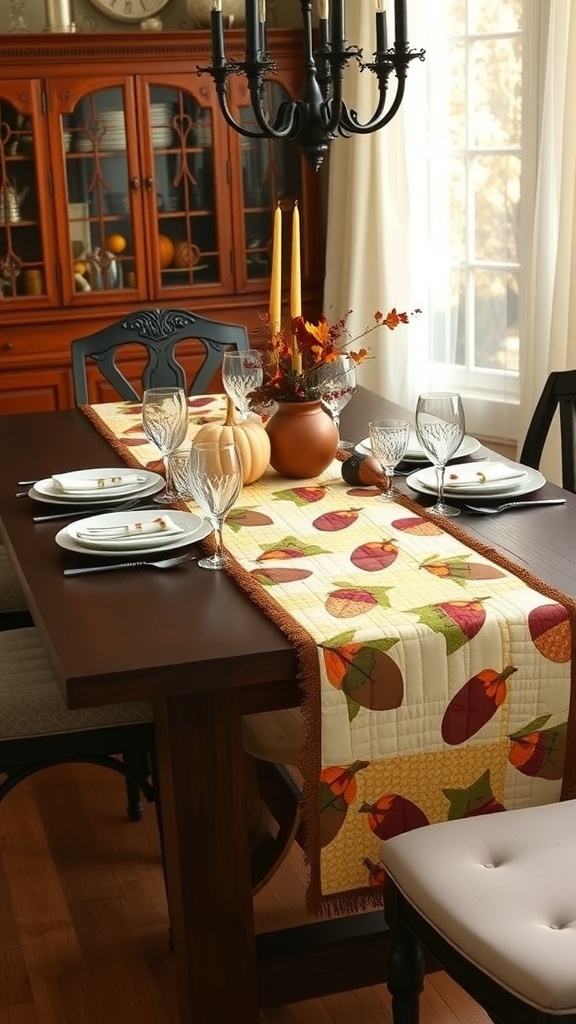 A table set with an acorn-inspired quilt runner, featuring acorn motifs on a yellow background, surrounded by elegant dishware and seasonal decorations.