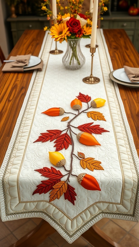 A quilted table runner featuring acorns and oak leaves in warm autumn colors.