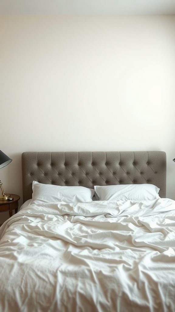 A cozy bedroom with an upholstered headboard and soft bedding.