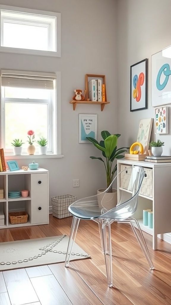 A stylish teen bedroom featuring an acrylic chair, modern decor, and vibrant artwork.