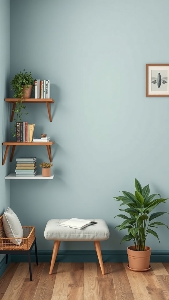 A minimalist triangle nook workspace with blue walls, floating shelves, a plant, and a cozy bench.