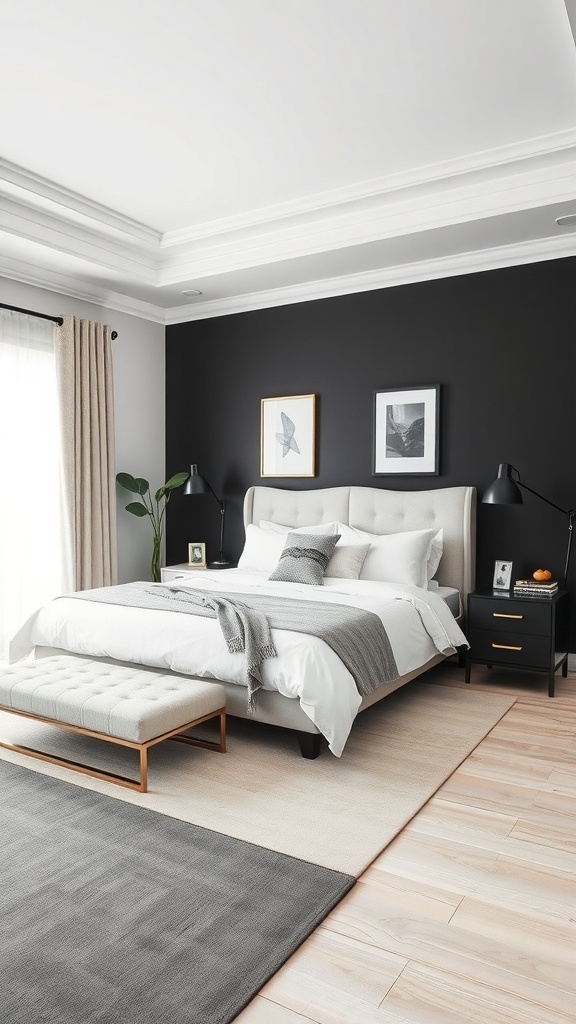 Stylish black and white bedroom with modern decor