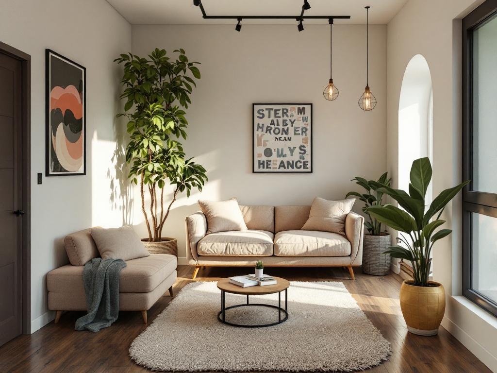 A cozy living room with a couch, coffee table, and plants, illustrating a clutter-free space.