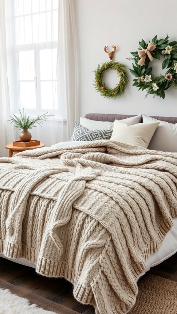 A cozy bedroom featuring a chunky knit blanket on the bed, with decorative pillows and seasonal wreaths on the wall.