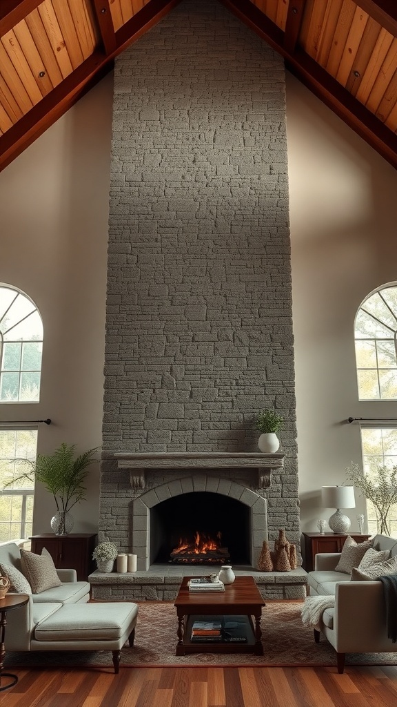 A cozy living room featuring a floor-to-ceiling stone fireplace, complemented by cathedral ceilings and natural light.