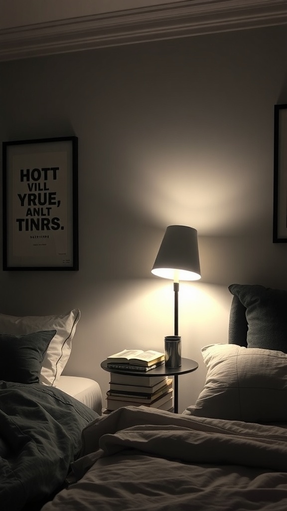 A cozy bedroom corner with a floor lamp illuminating a bedside table stacked with books and a cup.