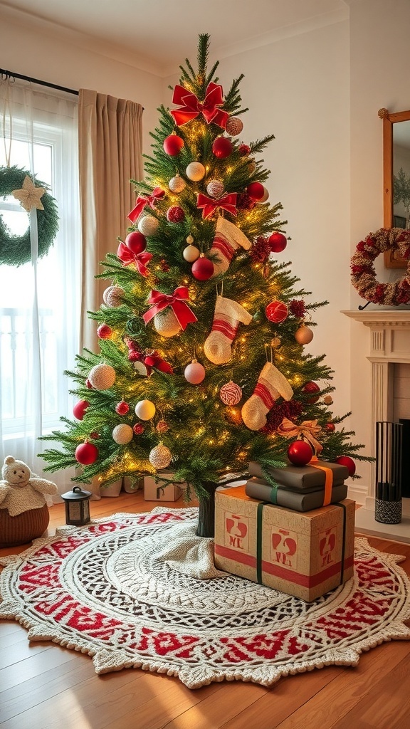 A beautifully decorated Christmas tree with a knitted tree skirt and colorful ornaments.