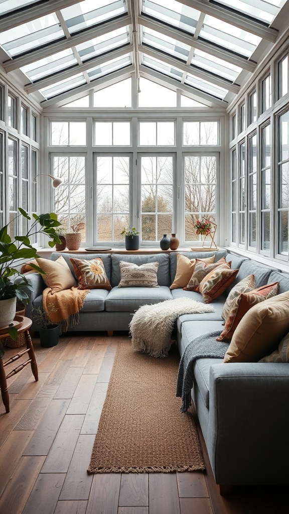 A cozy conservatory seating area with a grey sectional sofa, colorful cushions, and a woven rug, surrounded by large windows.