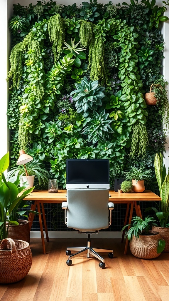 A vibrant living green wall in a home office, showcasing various plants and a modern desk setup.