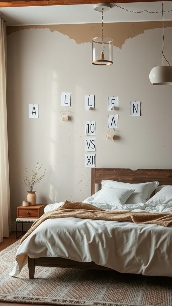 A minimalist bedroom with an accent wall featuring paper letters, a wooden bed frame, and soft lighting.