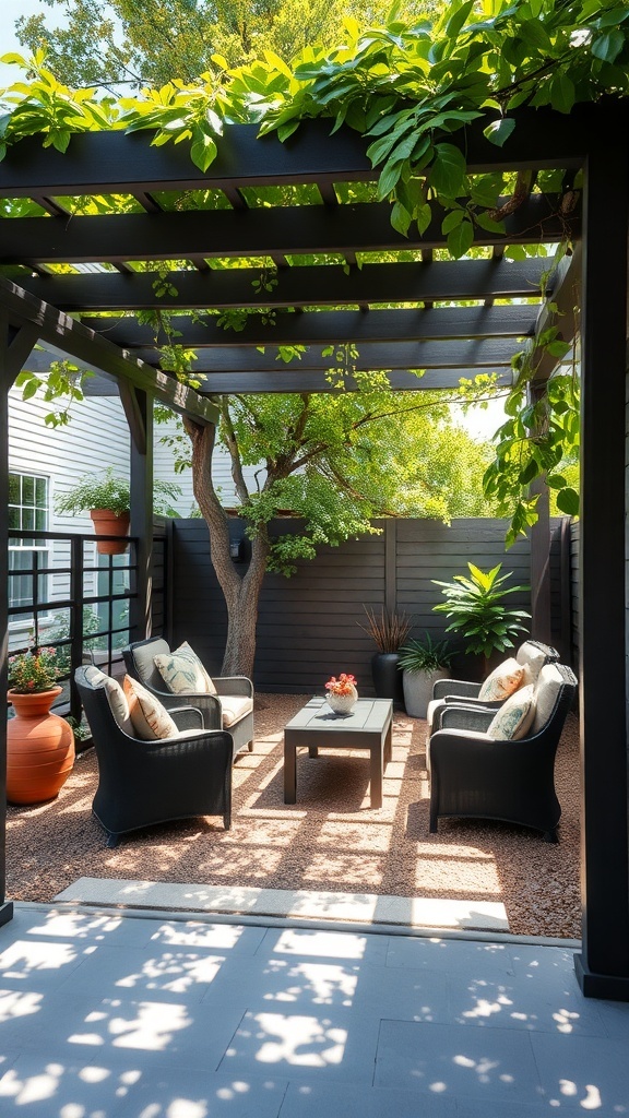 A cozy backyard with a pergola covered in greenery, featuring comfortable seating and a small table.