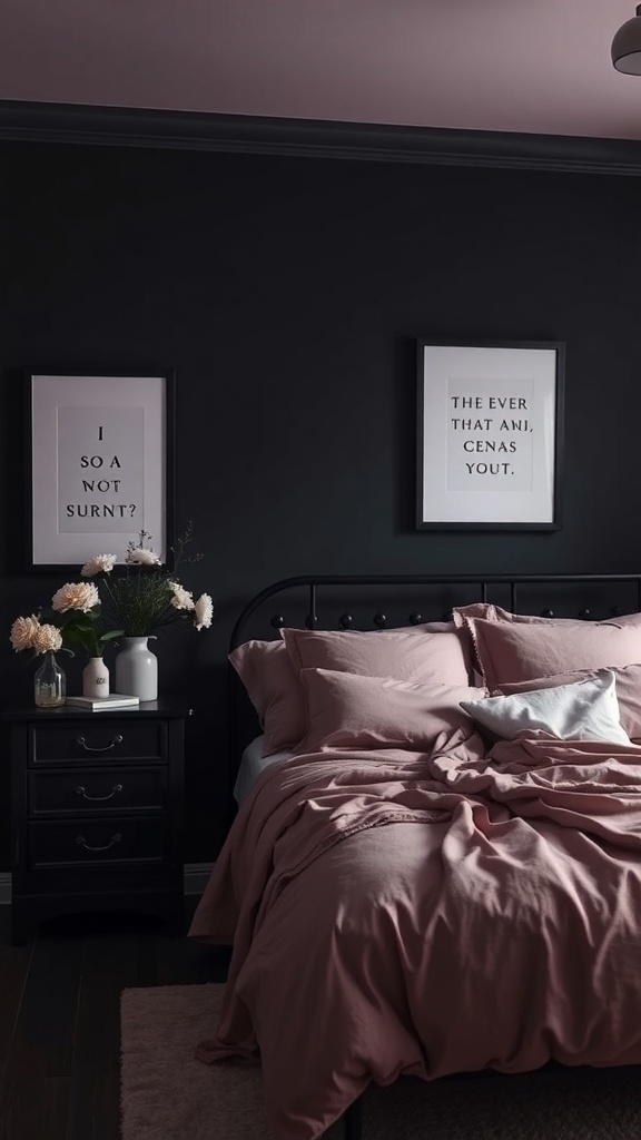 A dark feminine bedroom featuring blush bedding and dark walls, creating a cozy and inviting atmosphere.
