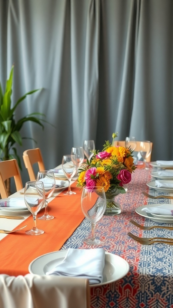 A spring table setting featuring a vibrant orange runner, patterned tablecloth, and colorful floral centerpiece.