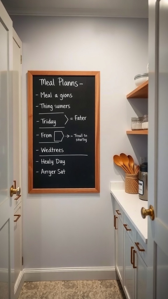 A small chalkboard in a pantry displaying meal plans, framed in wood with a clean design.