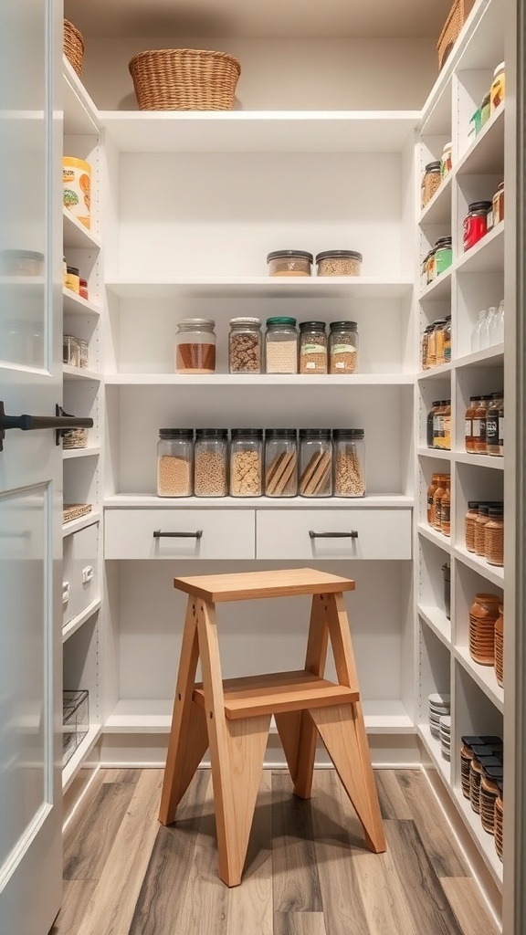 A modern pantry with a wooden step stool for easy access to high shelves.