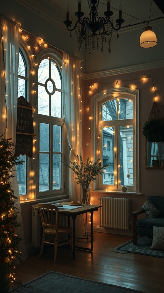 A cozy room with fairy lights draped around large windows, creating a warm and inviting atmosphere.