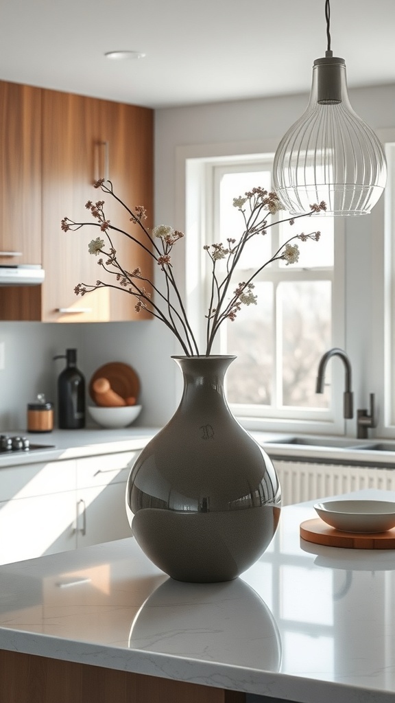 A modern kitchen with a sleek vase and decorative branches on the countertop.