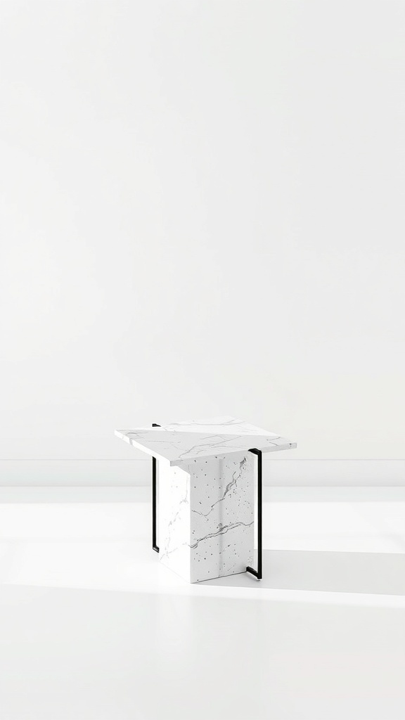A modern terrazzo side table with a black frame in a minimalist white room.