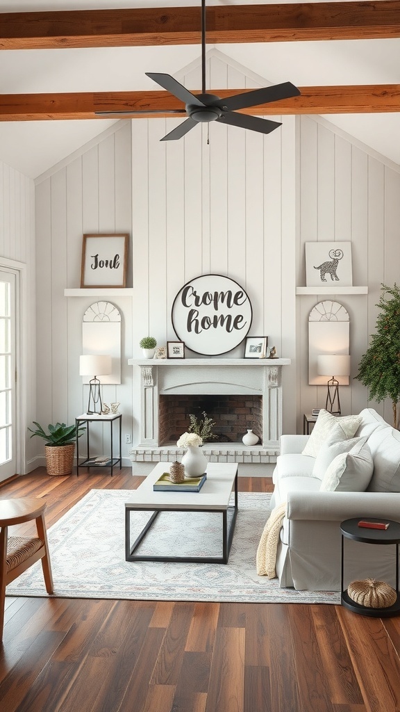 A warm farmhouse living room with a large circular art piece that says 'Crome Home', framed prints, and a cozy atmosphere.
