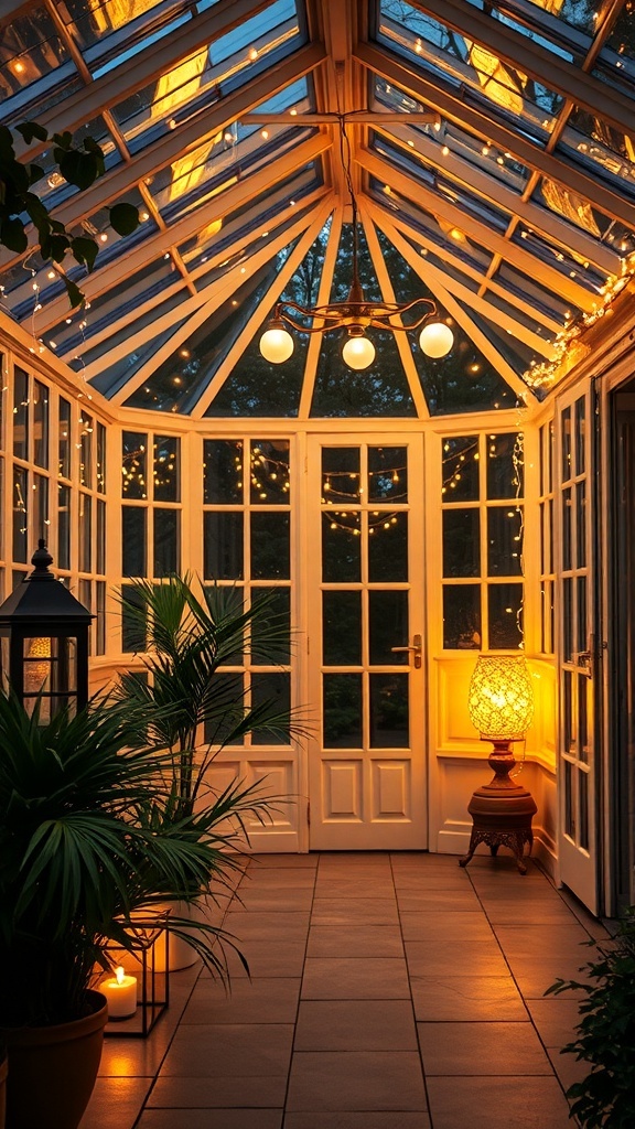 A warm and inviting conservatory with ambient lighting, featuring fairy lights, a chandelier, and plants.