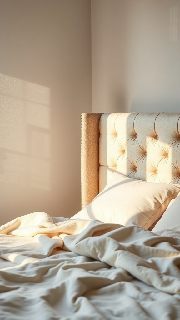 A cozy bedroom featuring a tufted upholstered headboard and soft bedding.