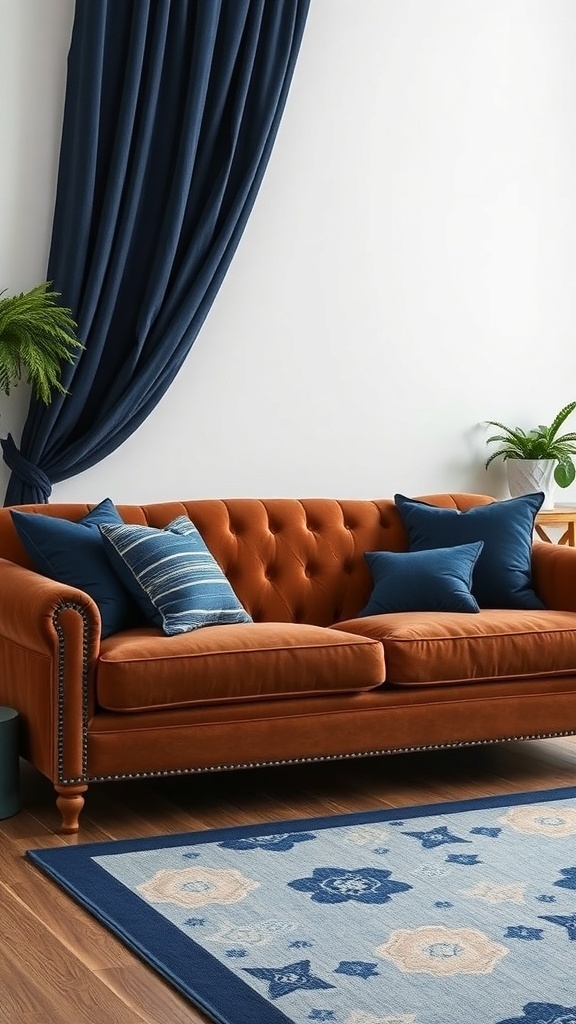 A brown sofa with blue accents, including pillows and curtains, in a stylish living room setting.