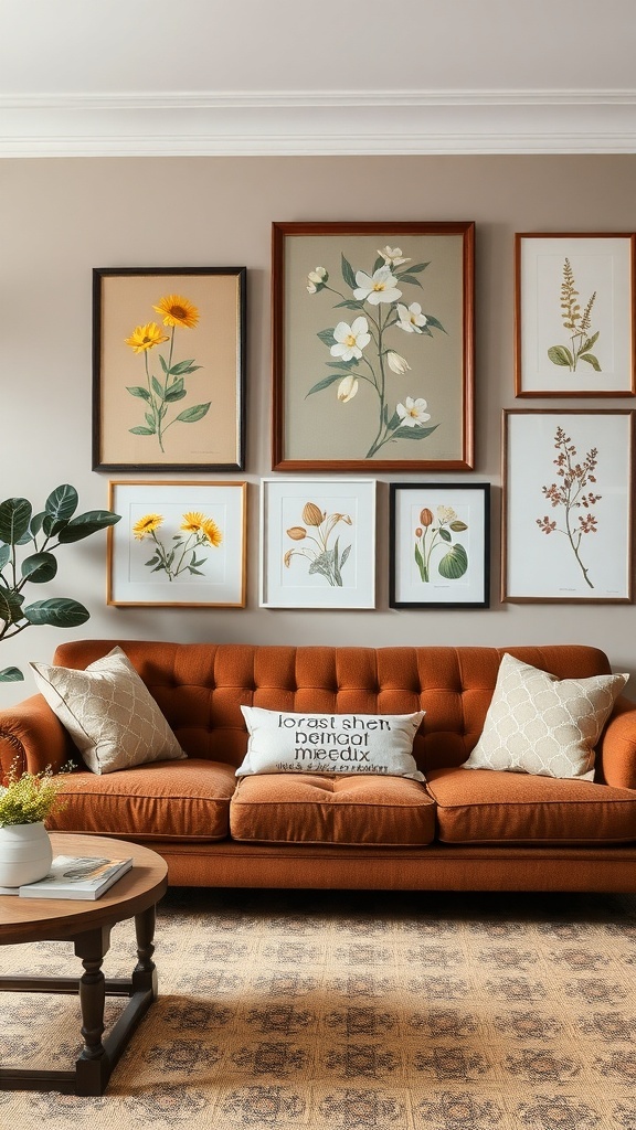 A living room featuring a brown sofa with botanical prints on the wall, showcasing a warm and inviting atmosphere.