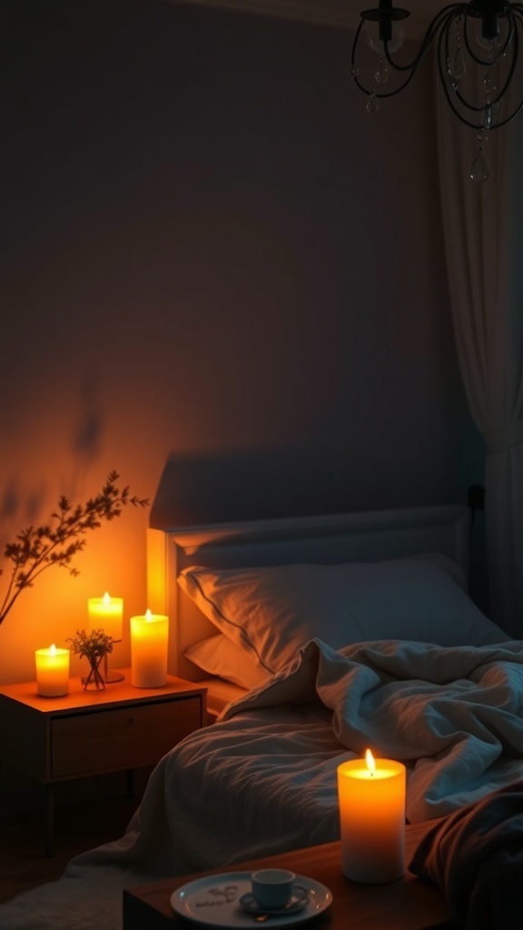 A cozy bedroom with candle-style LED lamps providing soft lighting.