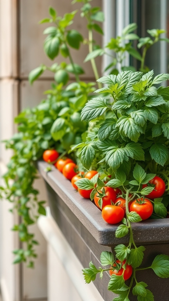 A balcony planter box filled with lush green herbs and bright red cherry tomatoes.