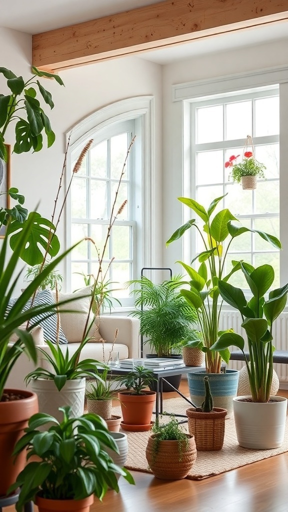 A warm farmhouse living room filled with various potted plants, showcasing a cozy and inviting atmosphere.