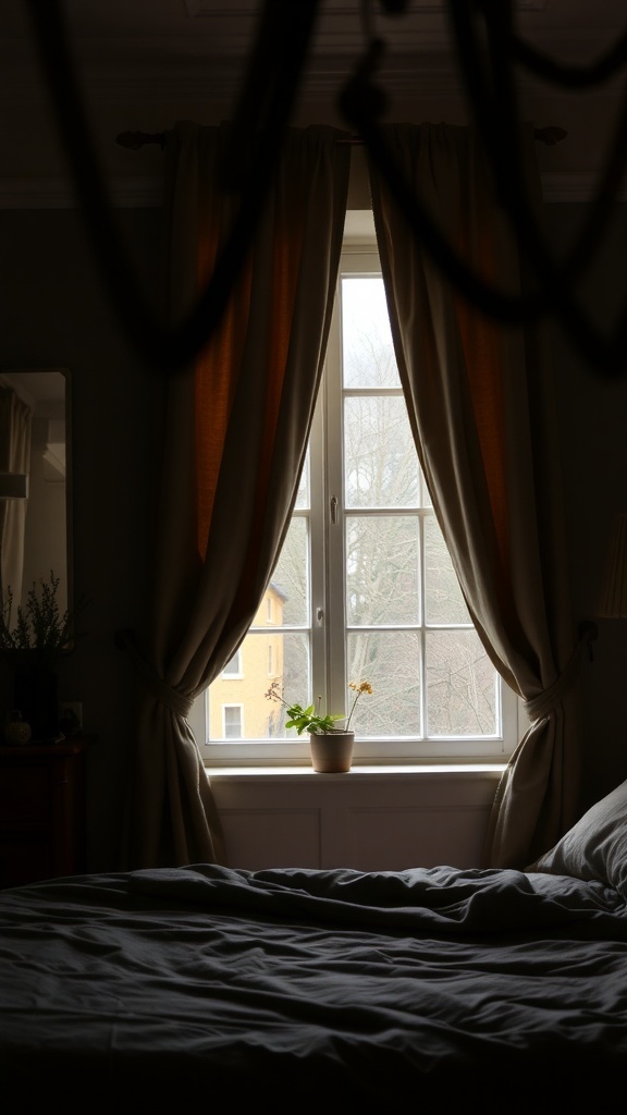 A cozy bedroom with heavy curtains framing a window, showcasing a warm and inviting atmosphere.