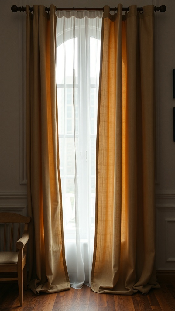 Layered window treatments with sheer and heavy curtains in warm tones