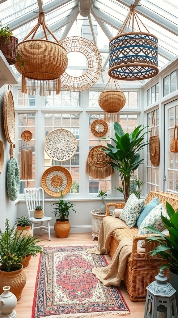 A cozy conservatory with textured accessories including woven wall hangings, plants, and a rattan sofa.