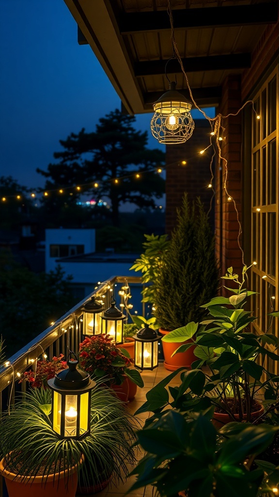 A cozy balcony at night with string lights and lanterns illuminating various plants in pots.