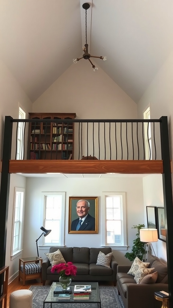 A living room with a lofted space above, featuring a cozy sofa and a large portrait on the wall.