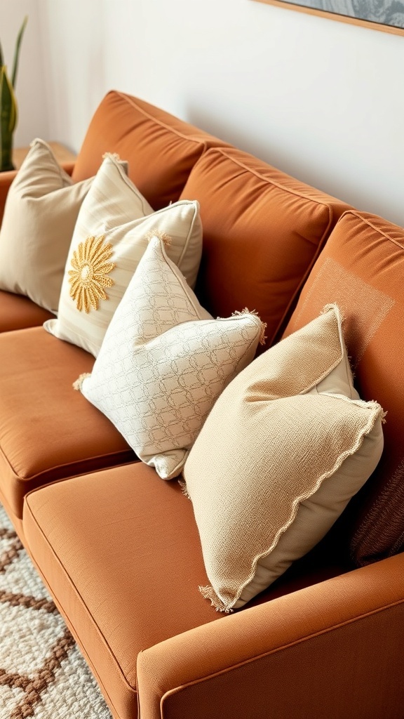 A brown sofa with neutral patterned throw pillows in stripes and houndstooth.